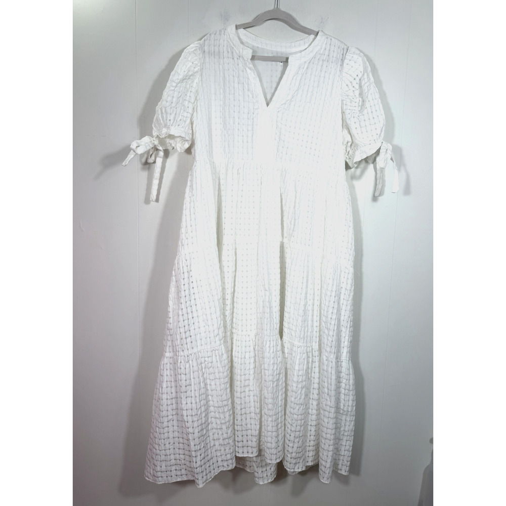 English Factory Tiered Gingham Midi Dress Size 2X White Puff Sleeve Boho Cottage